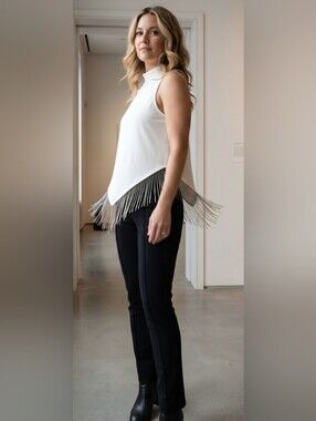 White Fringe-Hem Sleeveless Tank Top